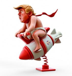89156606 - november 06, 2107: character portrait of donald trump riding toy nuclear rocket. 3d illustration